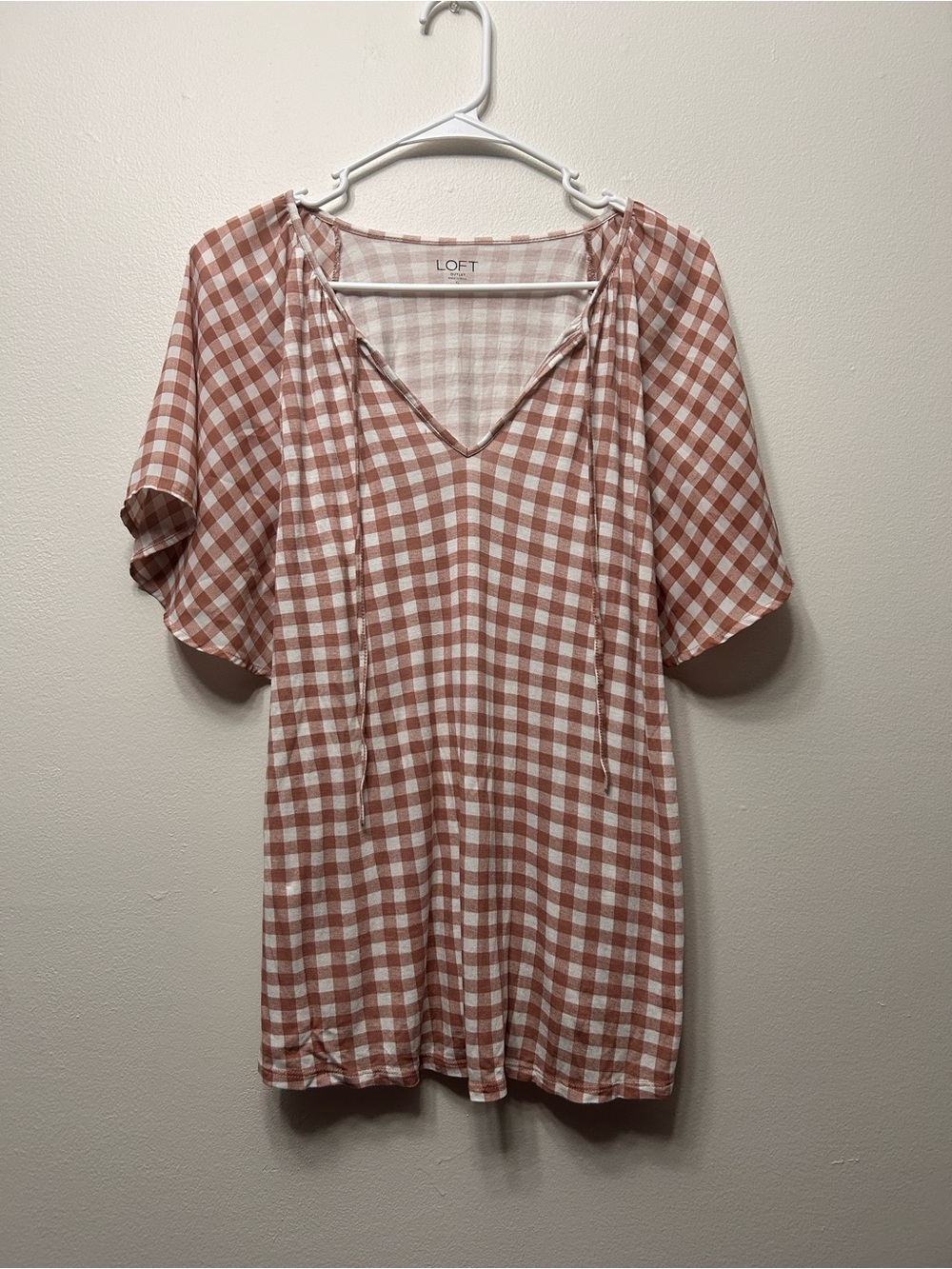 LOFT Outlet Gingham V-Neck Short Sleeve Brown/White Pullover Top Women's XL